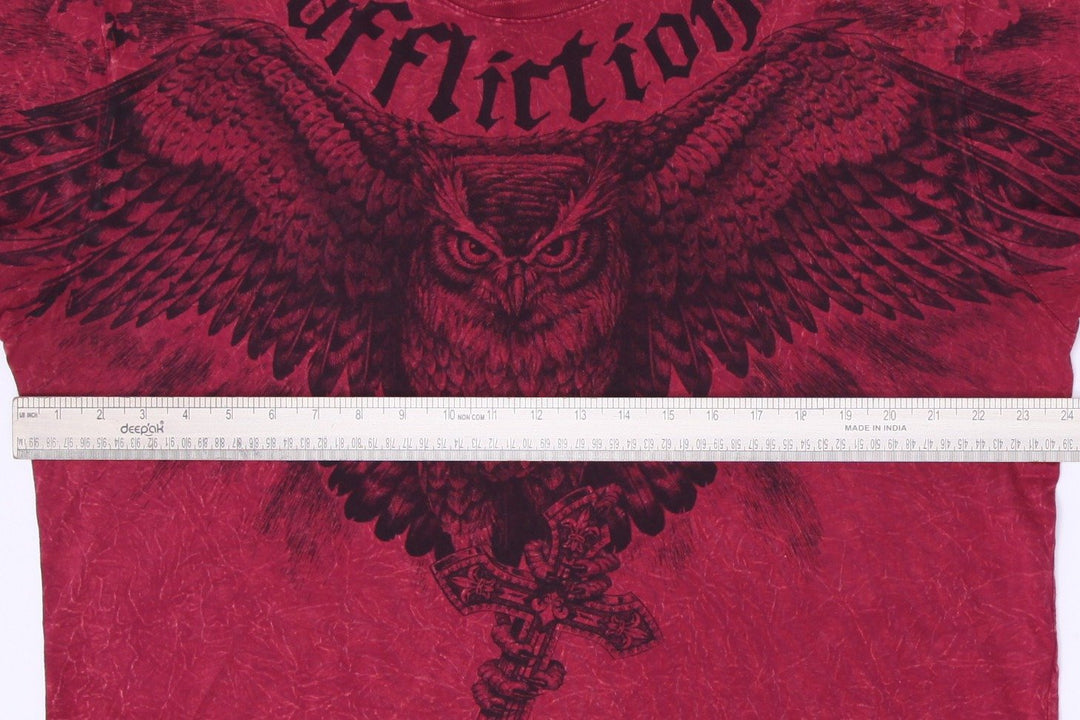 Y2K Mens Affliction T-Shirt Red Graphic Owl Print