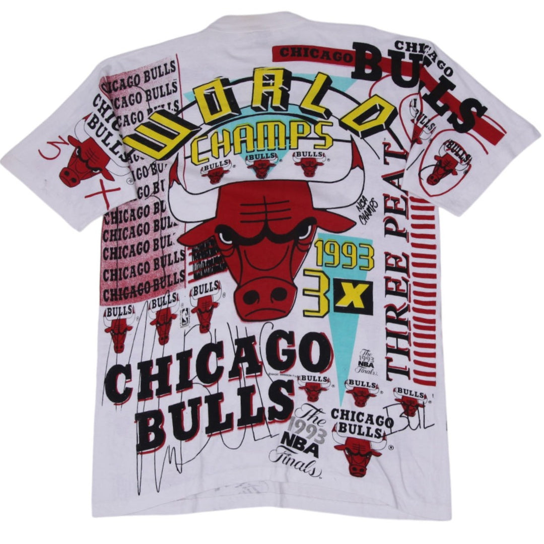 Vintage 90s Chicago Bulls 3 Peat NBA Champions All-Over Print 1993 T-Shirt XL | Migration_T-Shirts - Side Vie | Fashion Rerun