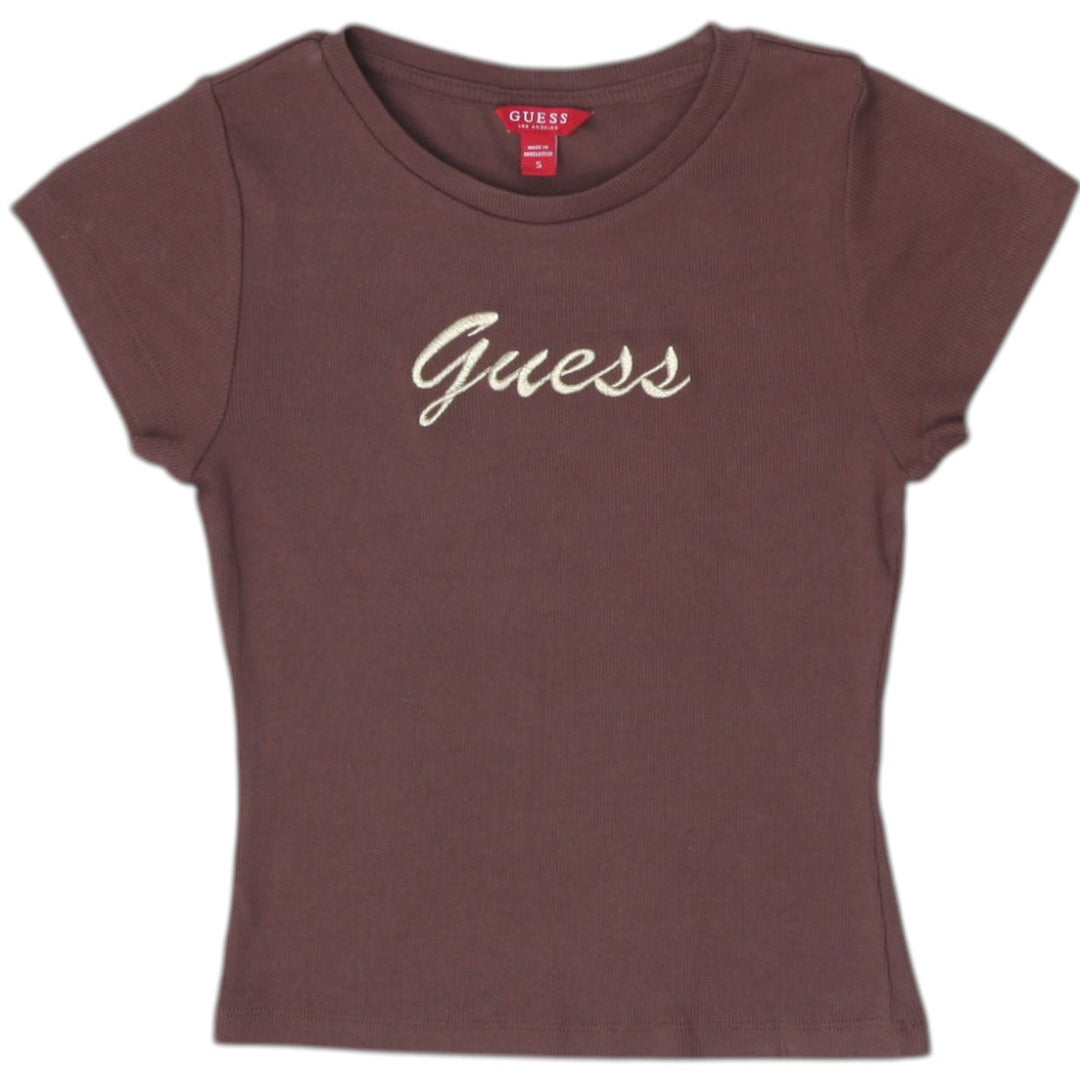 Y2K Ladies Guess Los Angeles Brown Ribbed Knit Short Sleeve Baby Tee Top Size S