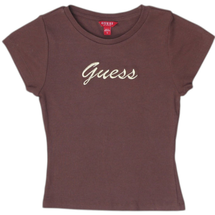 Y2K Ladies Guess Los Angeles Brown Ribbed Knit Short Sleeve Baby Tee Top Size S