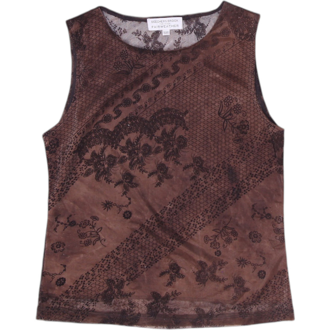 Y2K Ladies Beechers Brook Sheer Brown Floral Mesh Tank Top Size S