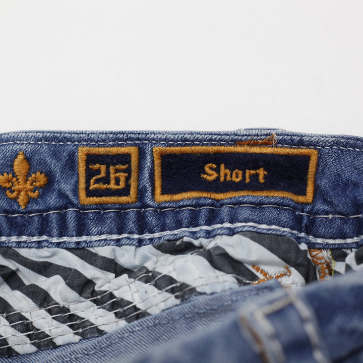 Y2K Ladies Rock Revival Denim Shorts Washed Blue Distressed Rhinestone