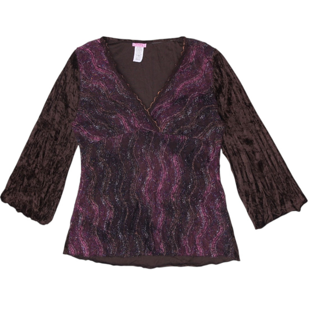 Y2K Ladies Klassy Blouse Brown Purple Glitter Sheer V-Neck Size M