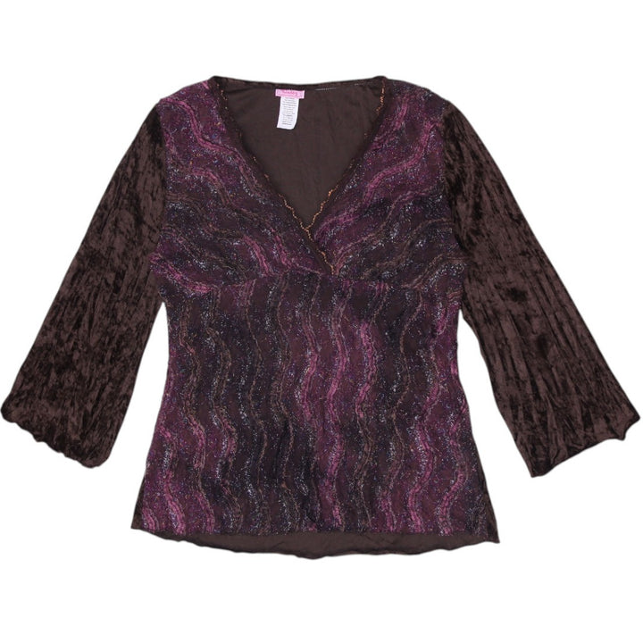 Y2K Ladies Klassy Blouse Brown Purple Glitter Sheer V-Neck Size M