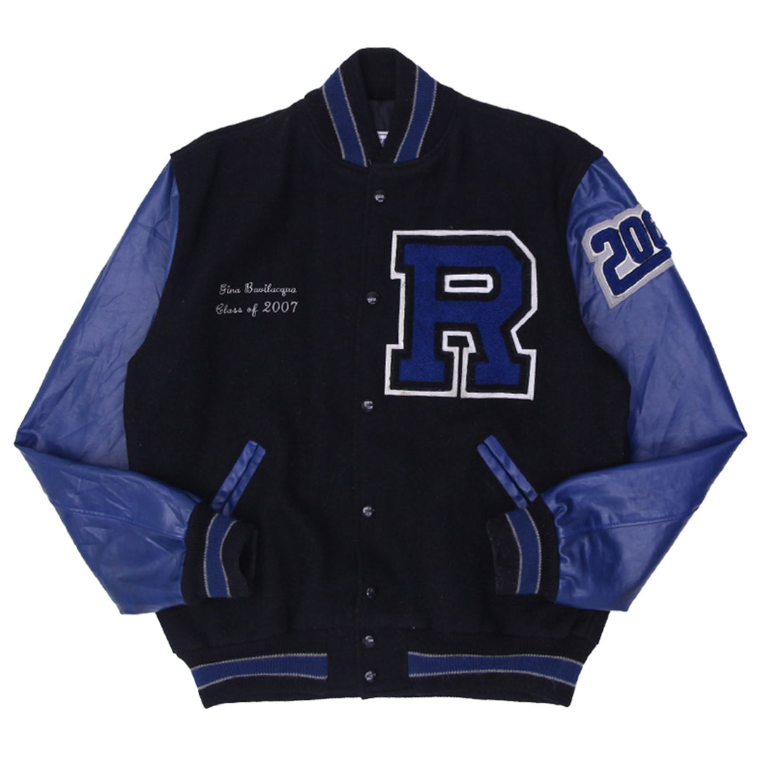 Vintage Mens Neff Varsity Jacket Black Blue Leather Sleeve R Embroidery | Migration_Jackets | Fashion Rerun