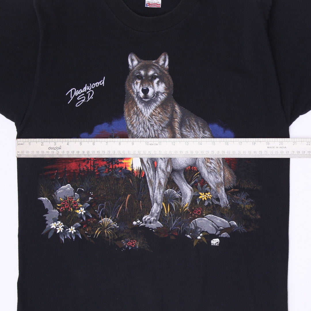 Vintage 90s Fruit of the Loom Deadwood SD Wolf Graphic T-Shirt Made in USA Sz L