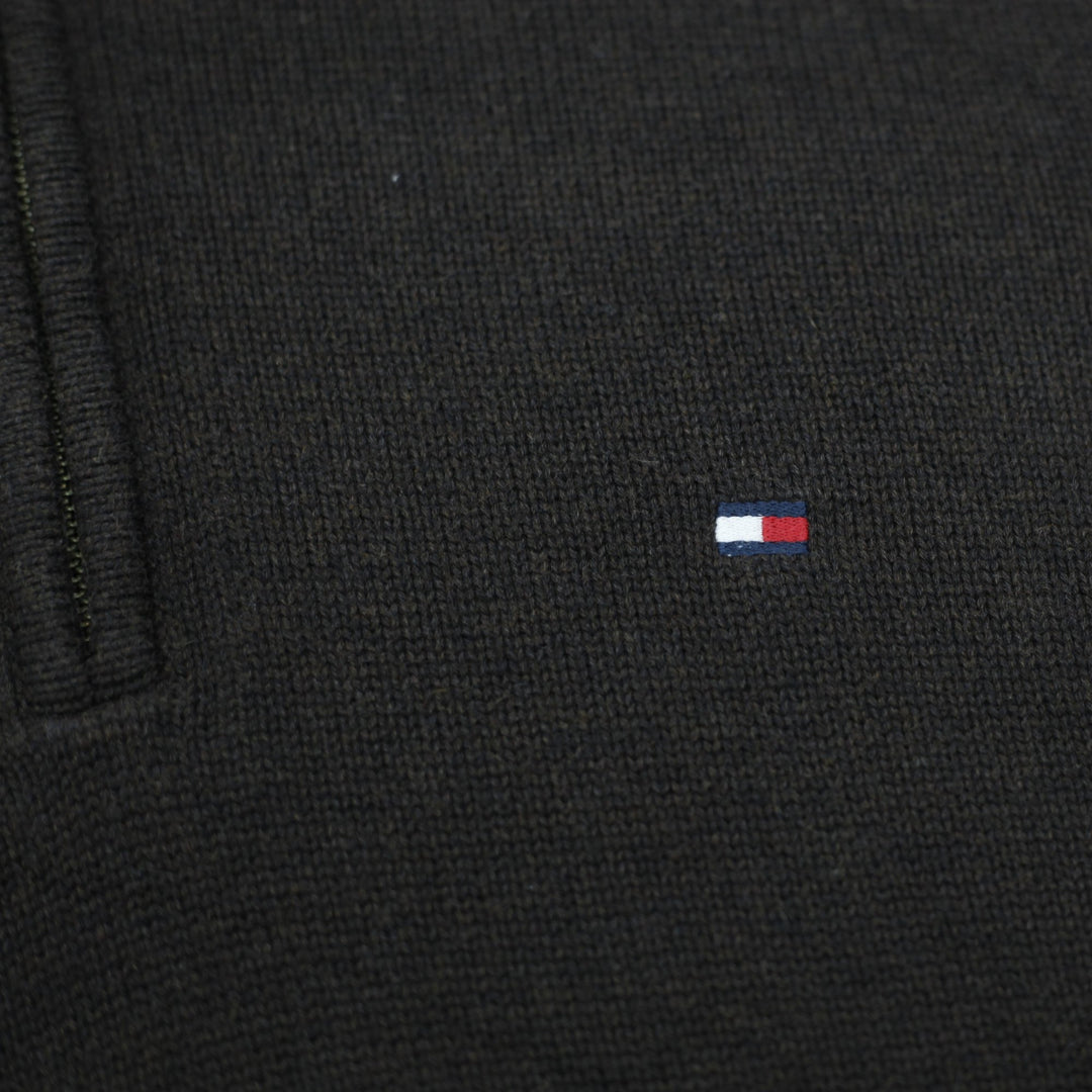 Mens Tommy Hilfiger Sweater Dark Brown 1/4 Zip Logo Knitwear
