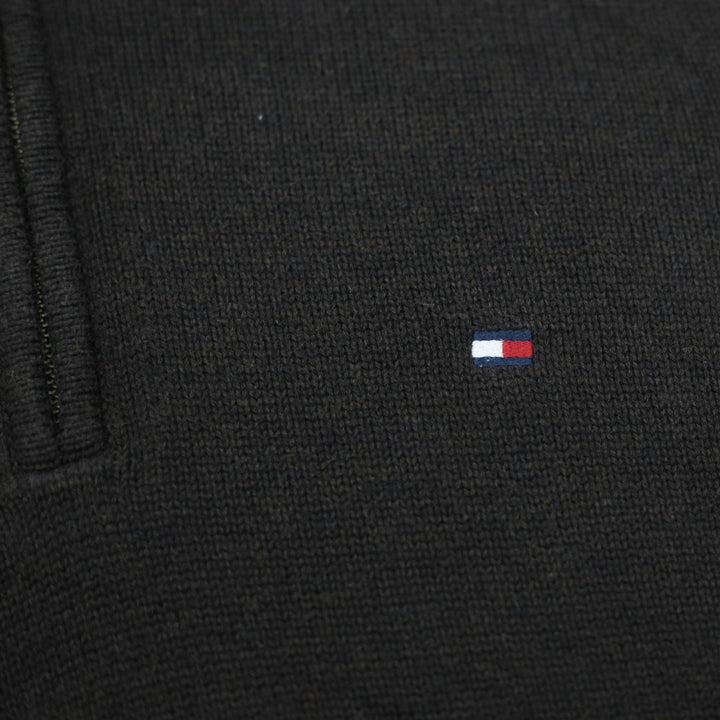 Mens Tommy Hilfiger Sweater Dark Brown 1/4 Zip Logo Knitwear