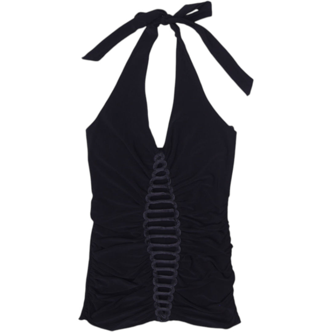 Y2K Ladies Black Ruched Sleeveless Halter Tank Top | Migration_Tops | Fashion Rerun