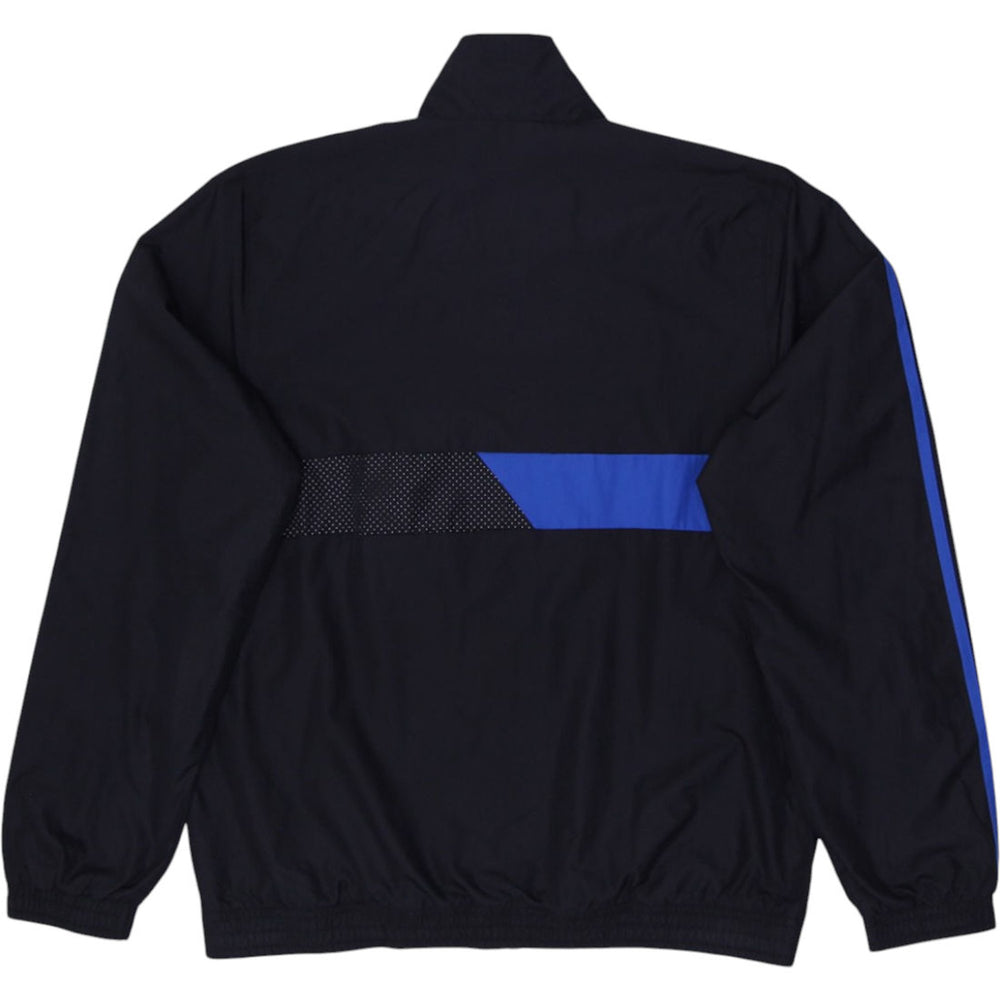 Ladies Adidas track jacket in black and blue with full zip and retro style design