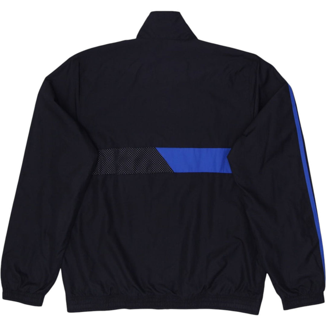 Ladies Adidas track jacket in black and blue with full zip and retro style design