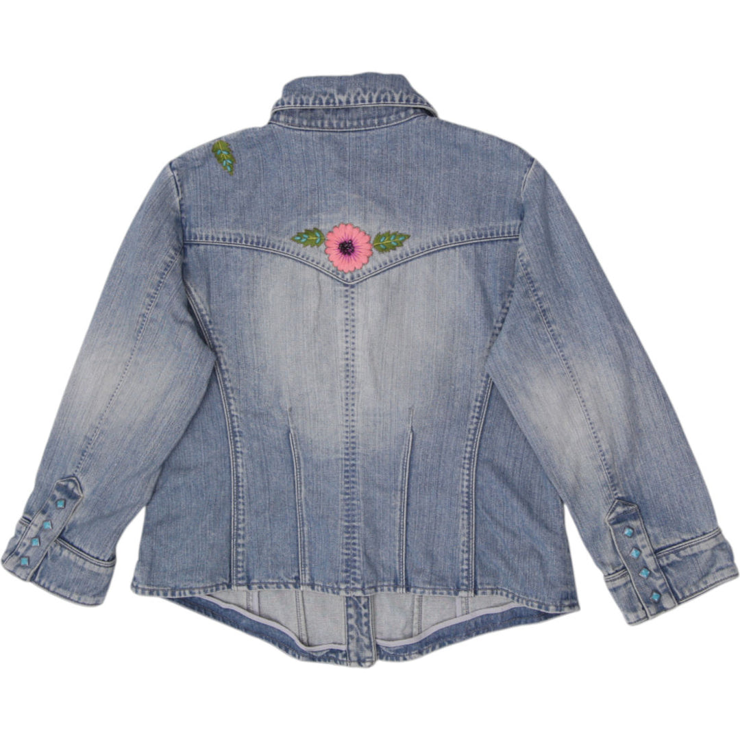 Ladies Dana Buchman Beaded Embroidered Floral Denim Jacket Light Blue Size 14