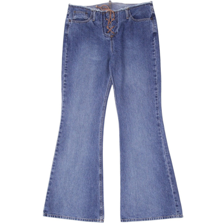 Y2K Ladies Flared Jeans Washed Blue Lace Up Denim