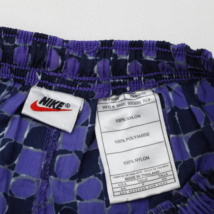 Vintage Nike Navy Geometric Nylon Swim Shorts Size 6-8 | Migration_Shorts - Back View | Fashion Rerun