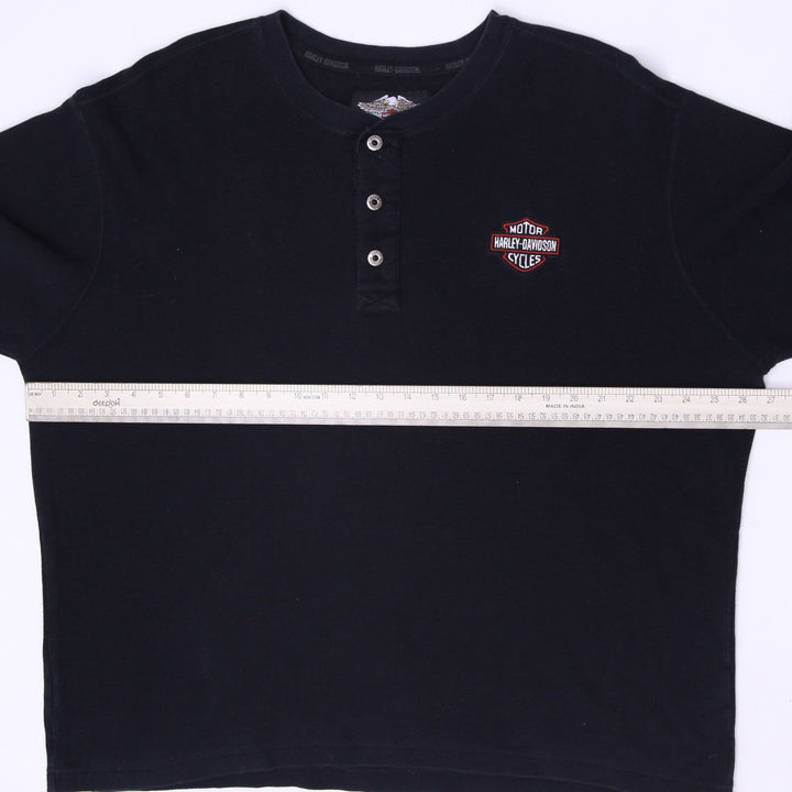 Mens Harley Davidson Black Waffle Knit Henley Long Sleeve T-Shirt Size XL
