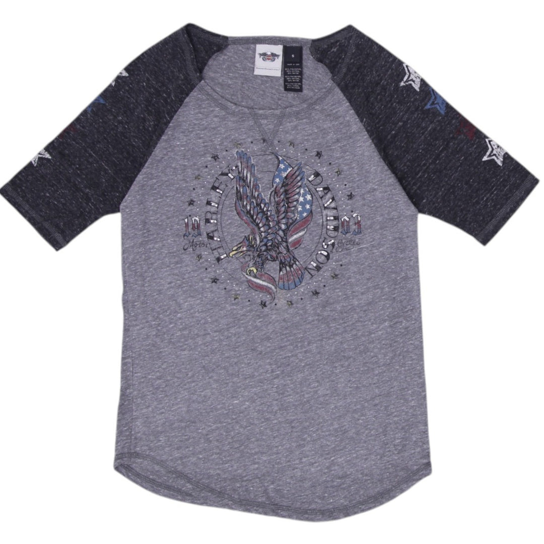Ladies Harley Davidson Graphic Gray Raglan Eagle Print T-Shirt Size S