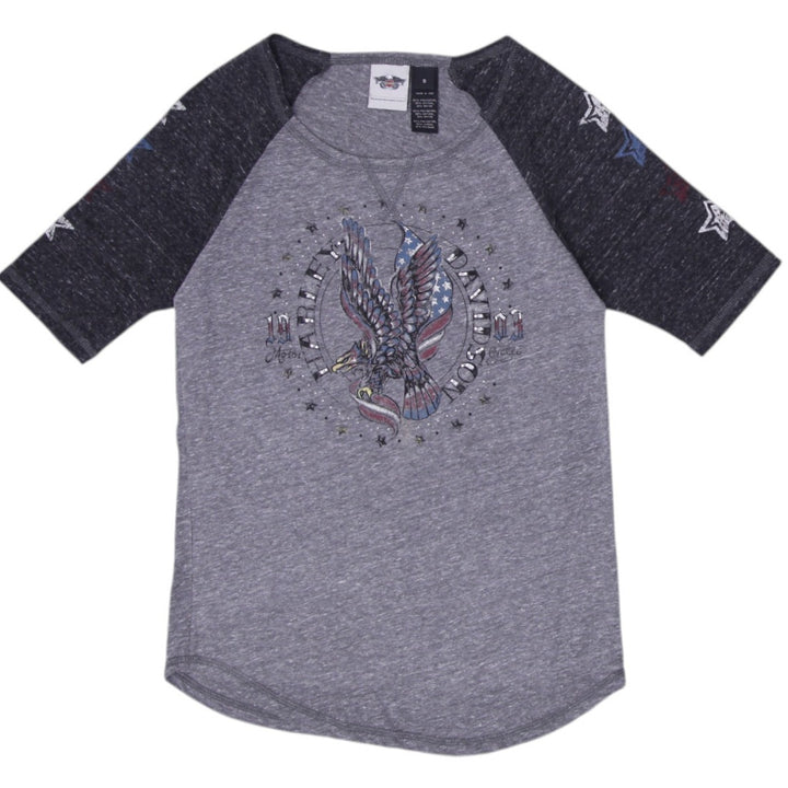 Ladies Harley Davidson Graphic Gray Raglan Eagle Print T-Shirt Size S