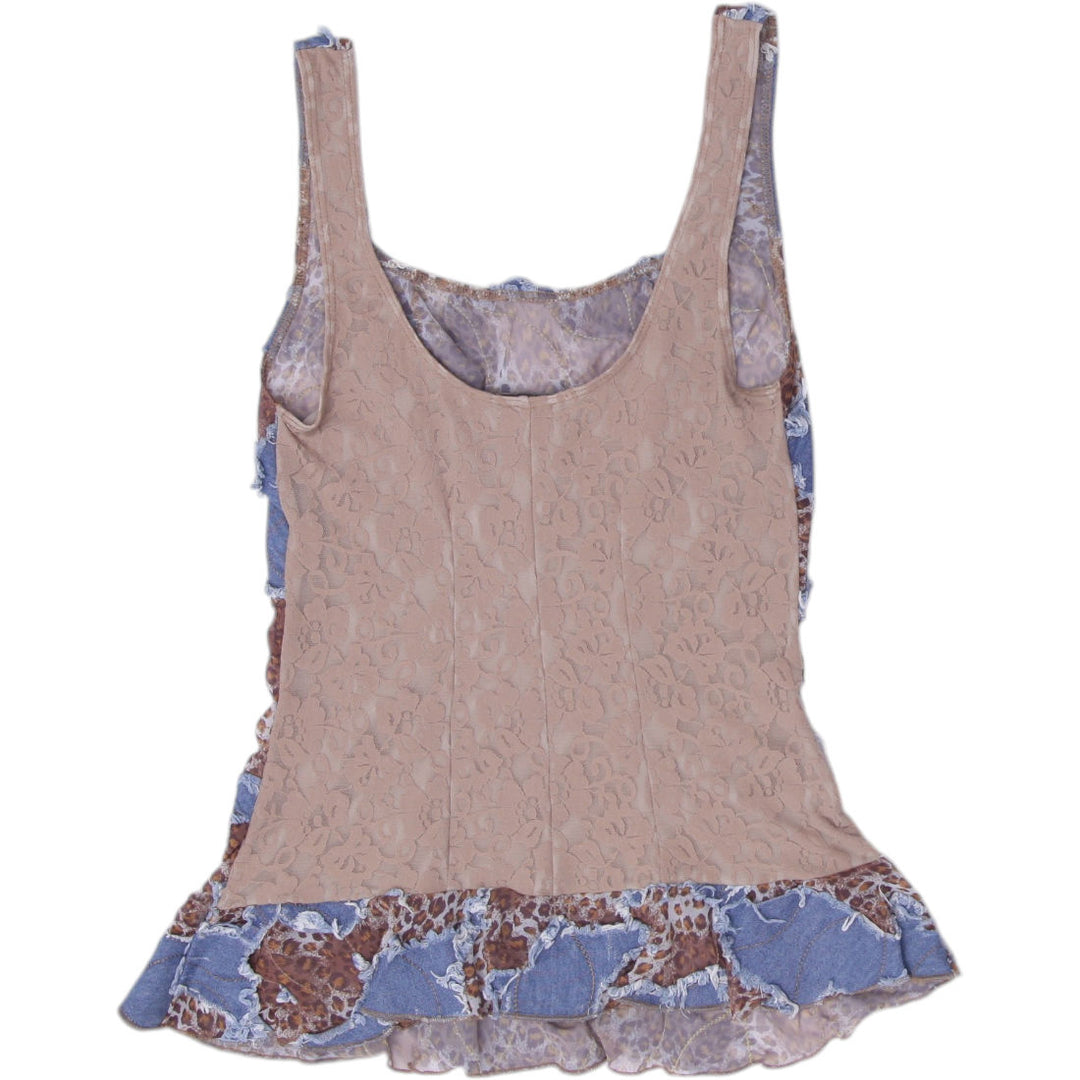 Y2K Ladies Papillon Blanc Layered Mesh Tank Top Leopard Faux Denim Size S