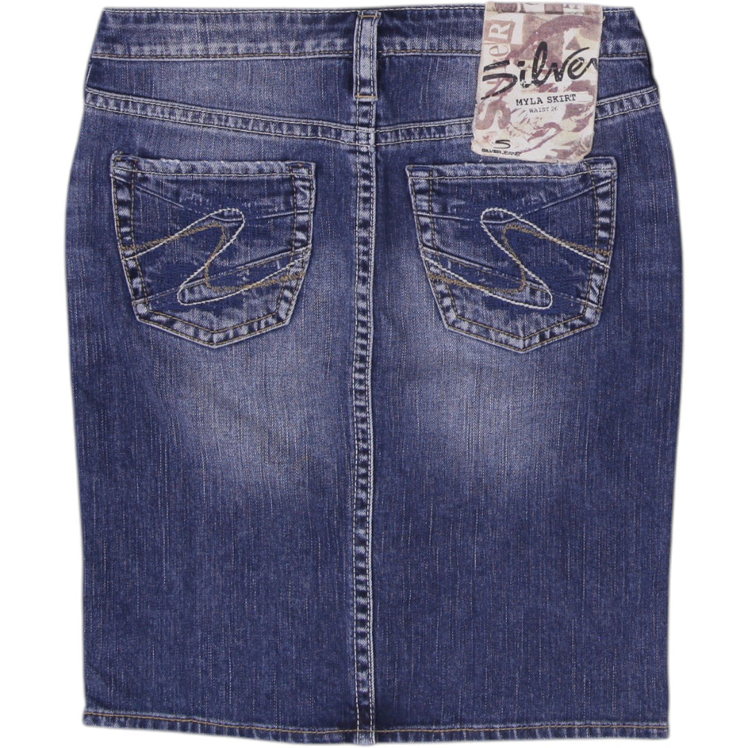 Y2K Ladies Silver Jeans Co. Myla Utility Front-Split Denim Midi Skirt