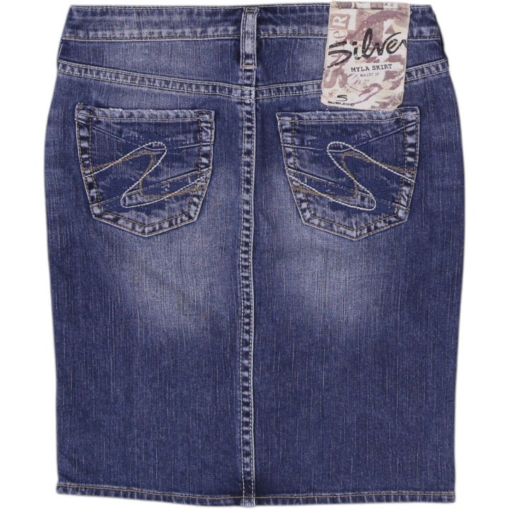 Y2K Ladies Silver Jeans Co. Myla Utility Front-Split Denim Midi Skirt