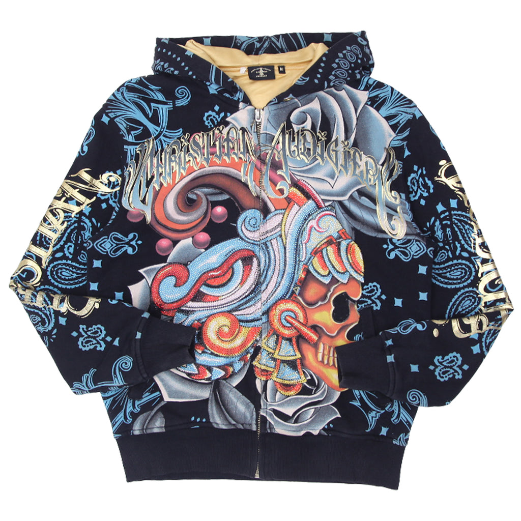 Mens Y2K Christian Audigier Stoned Skull AOP Full Zip Hoodie 