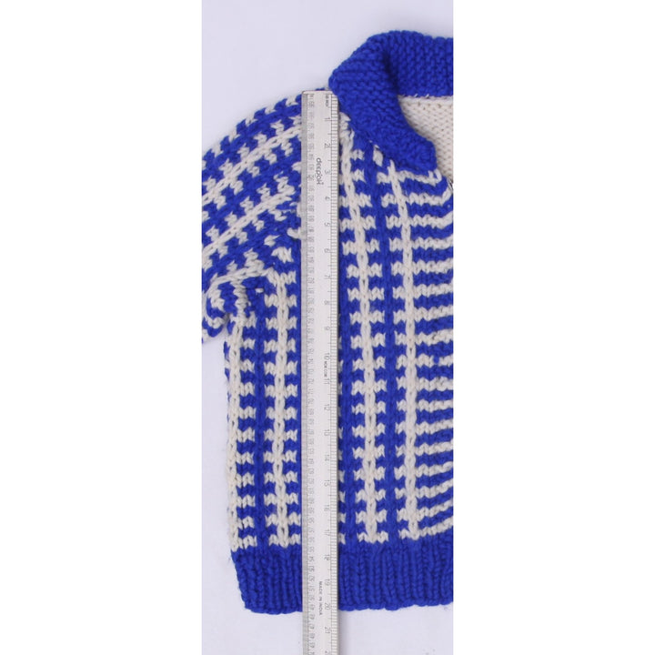 Vintage Ladies Blue Checkered Wool Knit Full Zip Winter Sweater Size L | Migration_Knitwear & Sweaters - View | Fashion Rerun
