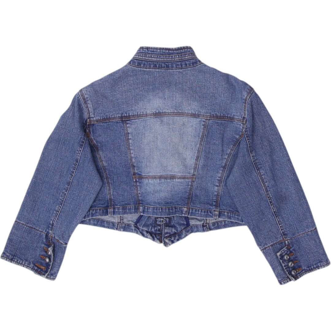 Y2K Ladies Cropped Vintage Blue Denim Trucker Jacket Size L | Migration_Jackets - Side View | Fashion Rerun