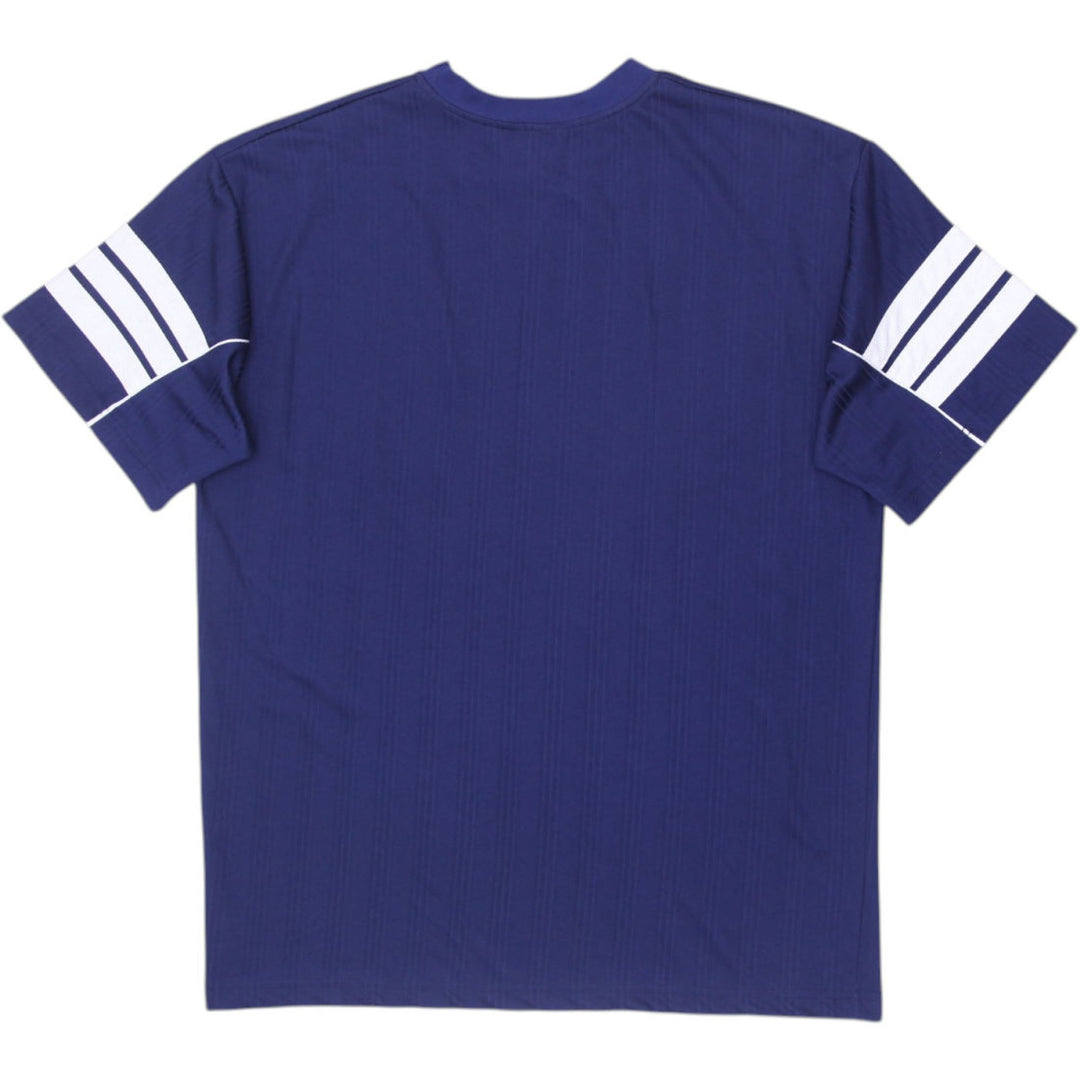 Vintage Embroidered Adidas Logo Navy Striped Sleeve Sports T-Shirt | Migration_T-Shirts - Side View | Fashion Rerun