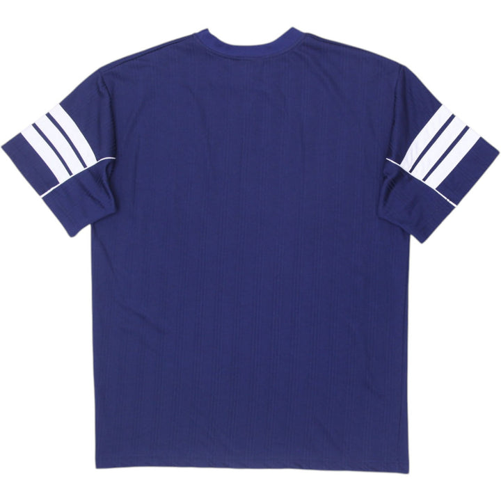 Vintage Embroidered Adidas Logo Navy Striped Sleeve Sports T-Shirt | Migration_T-Shirts - Side View | Fashion Rerun