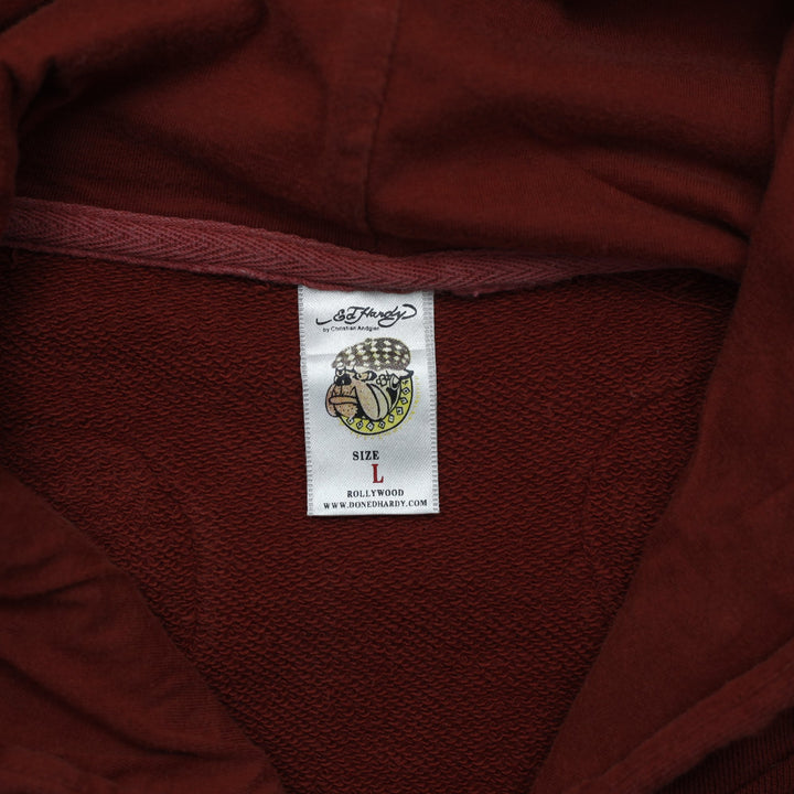 Y2K Ladies Ed Hardy Rhinestone Skull Zip Up Burgundy Hoodie Large