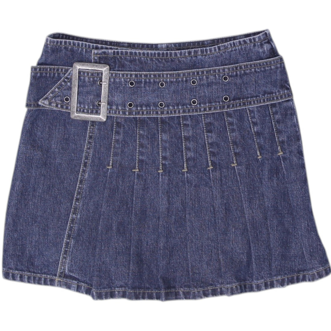 Y2K Ladies Here & There Blue Belted Pleated Denim Mini Skirt