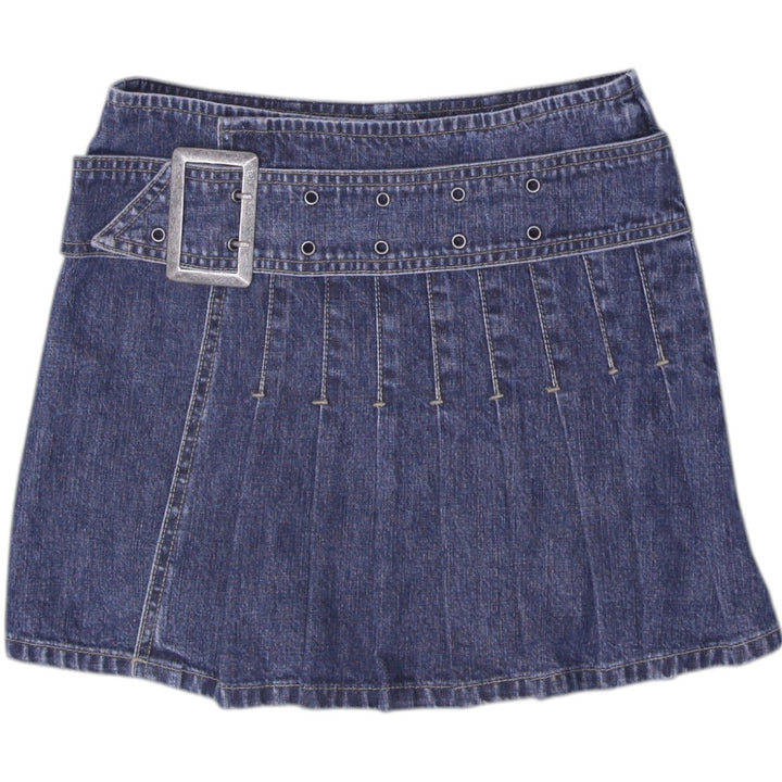 Y2K Ladies Here & There Blue Belted Pleated Denim Mini Skirt