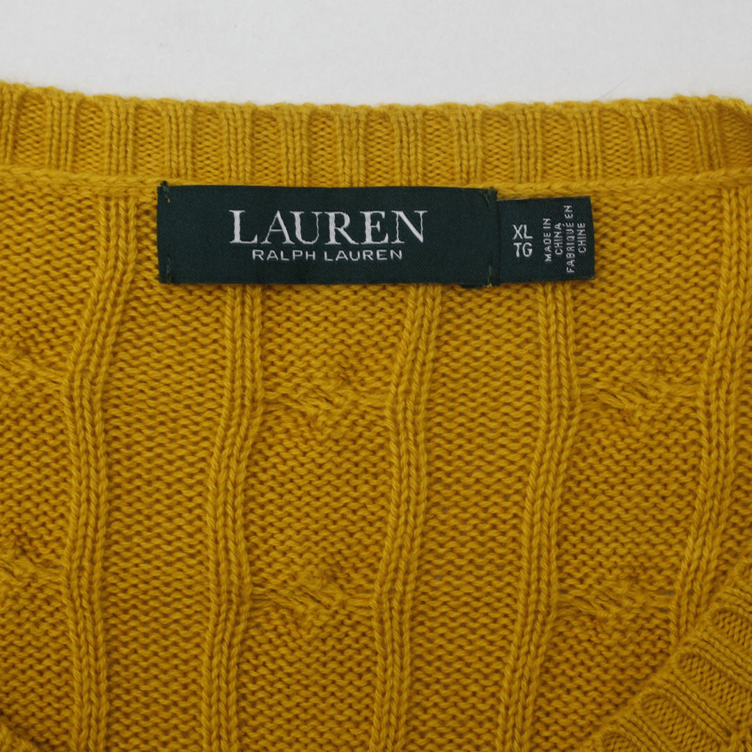 Ladies Lauren Ralph Lauren Sweater Yellow Cable Knit Shoulder Buttons XL