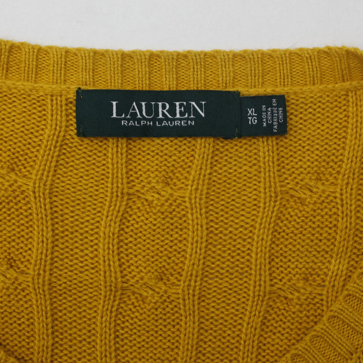 Ladies Lauren Ralph Lauren Sweater Yellow Cable Knit Shoulder Buttons XL