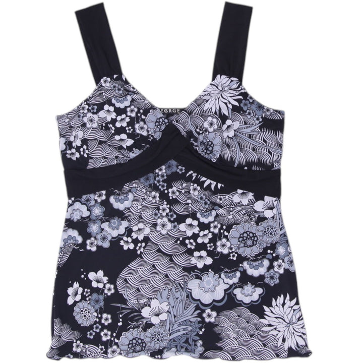 Y2K Ladies George Sleeveless Floral Tank Top Black Size XS