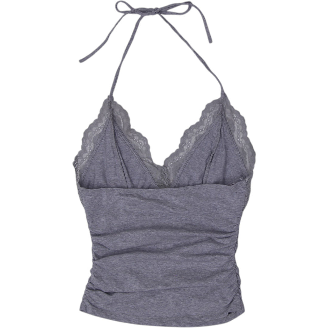 Y2K Ladies Romwe Gray Contrast Lace Trim Halter Top Size S