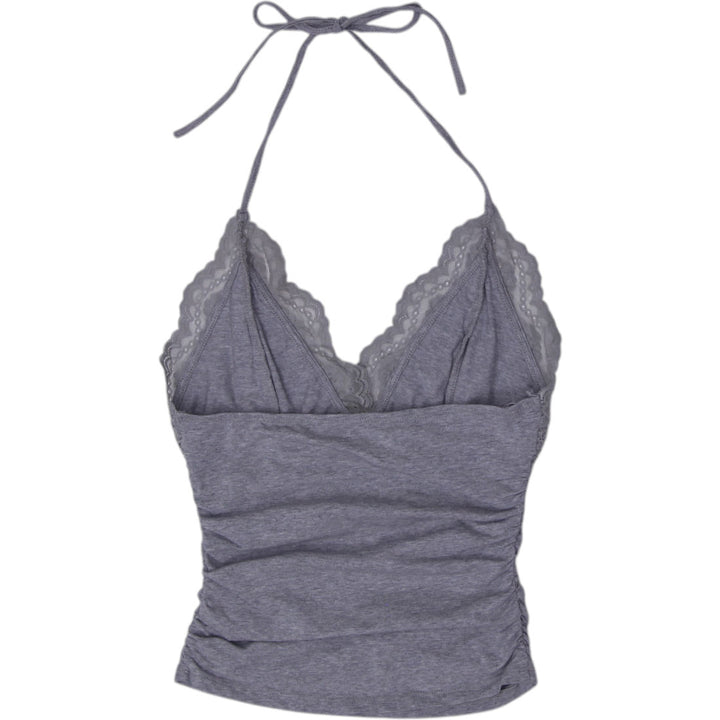 Y2K Ladies Romwe Gray Contrast Lace Trim Halter Top Size S