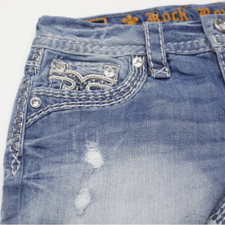 Y2K Ladies Rock Revival Denim Shorts Washed Blue Distressed Rhinestone