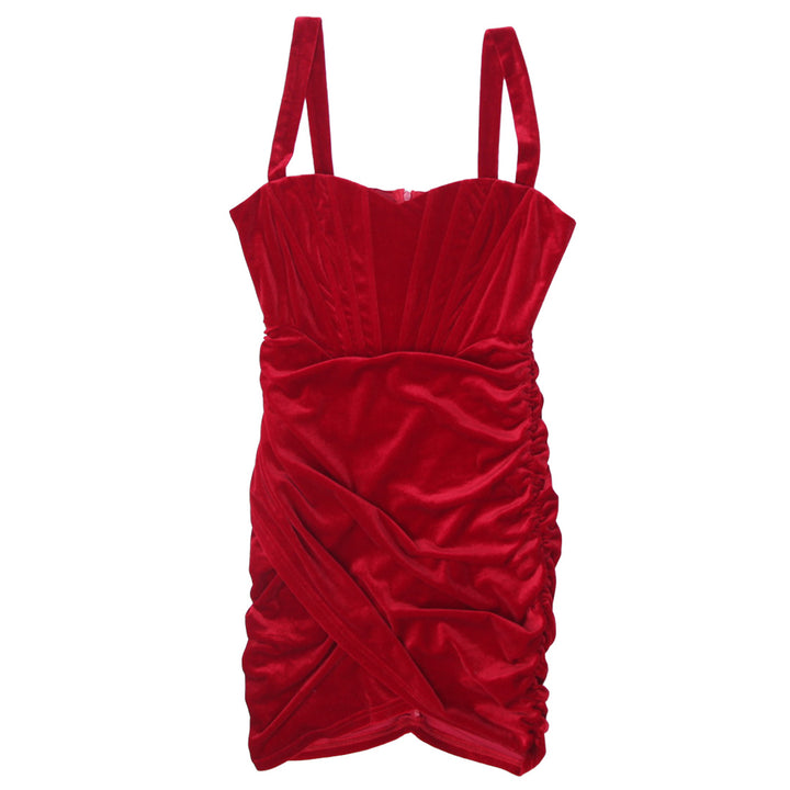 Y2K Ladies Red Velvet Strappy Ruched Side Mini Dress