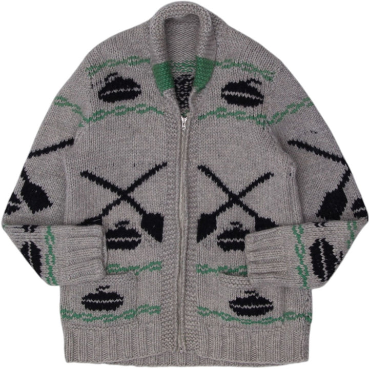Vintage Hand-Knitted Cowichan-Style Wool Zip Up Cardigan Sweater