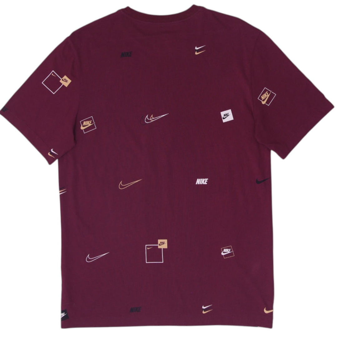 Mens Nike The Nike Tee All Over Print Multi Logo T-Shirt Maroon Burgundy Size M