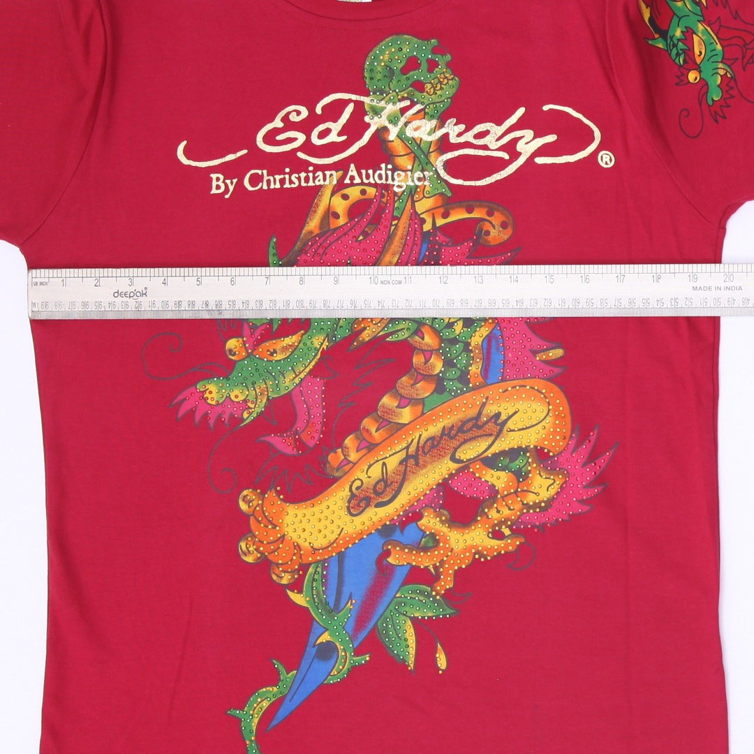 Y2K Mens Ed Hardy by Christian Audigier Dragon Graphic Rhinestone Made in USA S