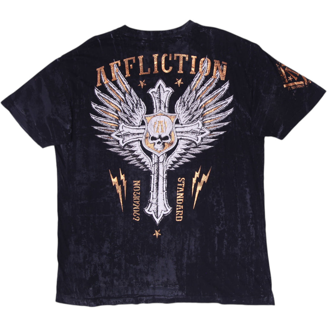 Y2K Mens Affliction Live Fast Lava Wash Cross Wings Skull T-Shirt Size 2XL