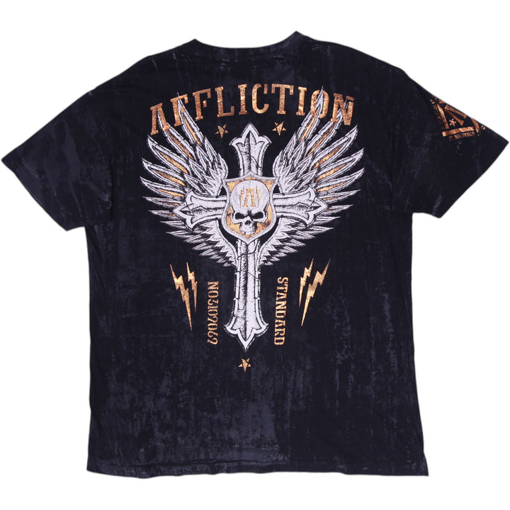 Y2K Mens Affliction Live Fast Lava Wash Cross Wings Skull T-Shirt Size 2XL
