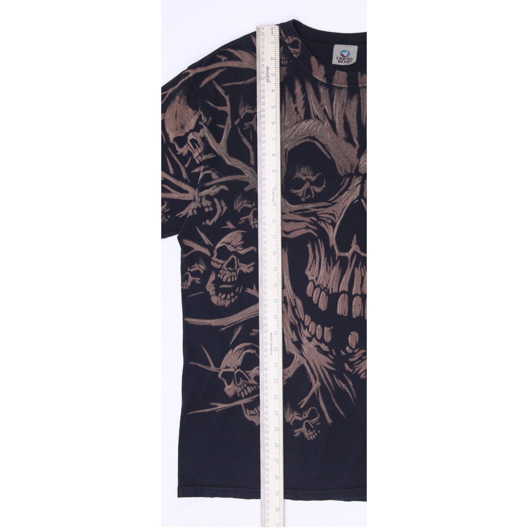 Vintage 1990s Liquid Blue Skull Pile All Over Print T-Shirt
