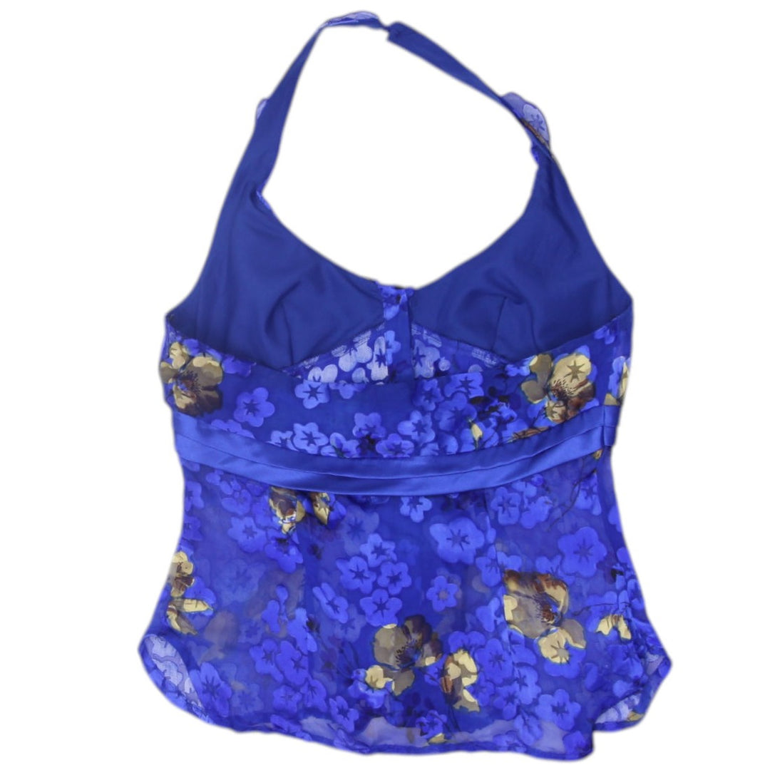 Y2K Ladies Floral Mesh Blue Halter Top | Migration_Y2K Tops - Side View | Fashion Rerun
