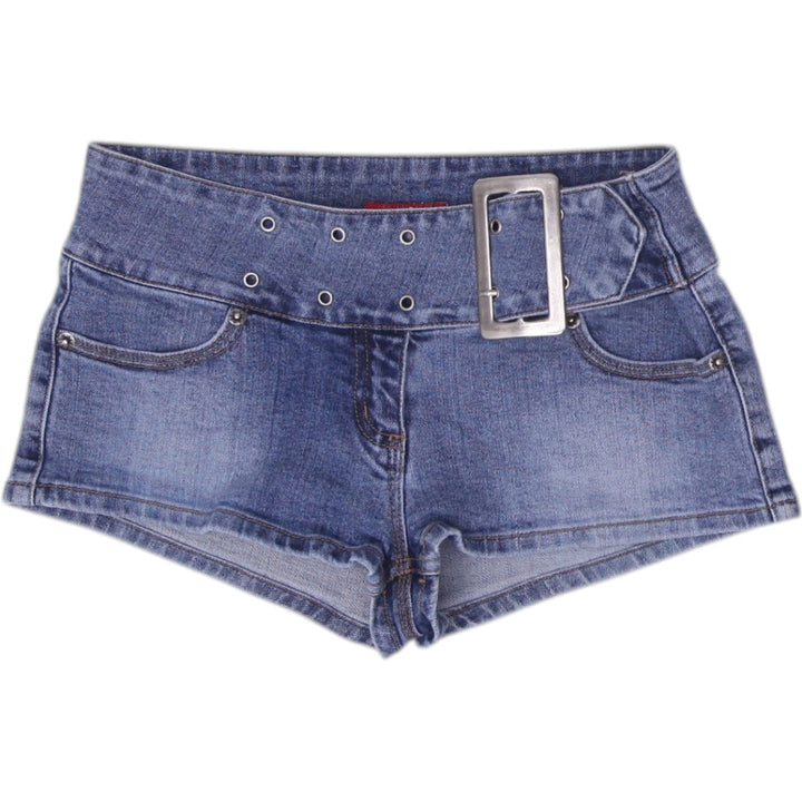 Y2K Ladies Moto Denim Shorts Blue Belted Style