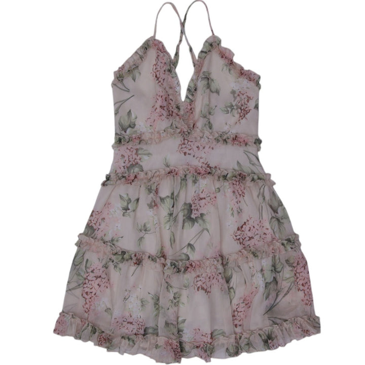 Y2K Ladies Ruffle Sleeveless Cream Floral Mini Dress Size M | Migration_Dresses | Fashion Rerun