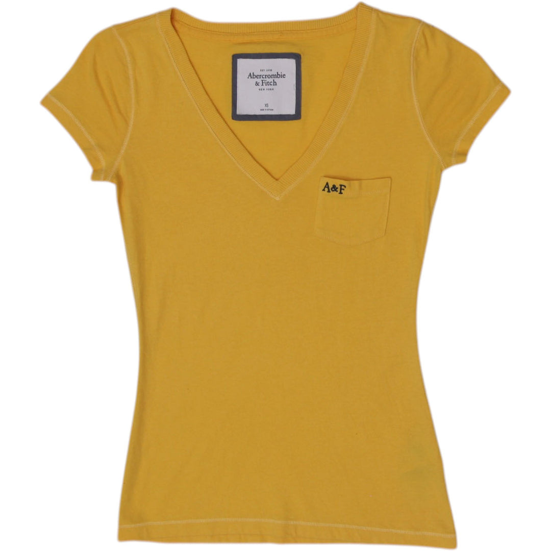 Y2K Ladies Abercrombie & Fitch T-Shirt Yellow V-Neck Pocket