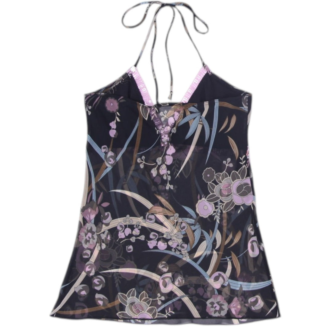 Y2K Ladies Black Floral Sheer Lightweight Halter Neck Top Made in USA Size S